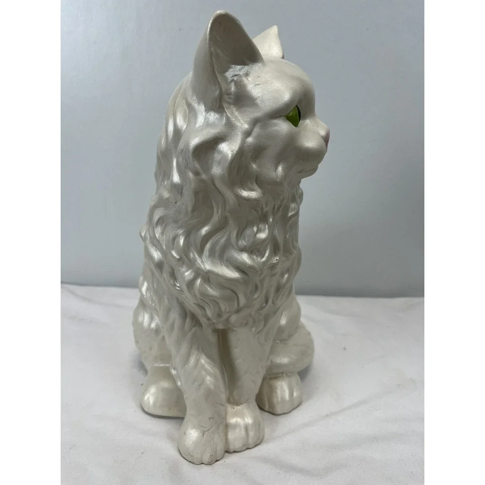 Vintage MCM Persian White Cat Statue with Green Eyes 12